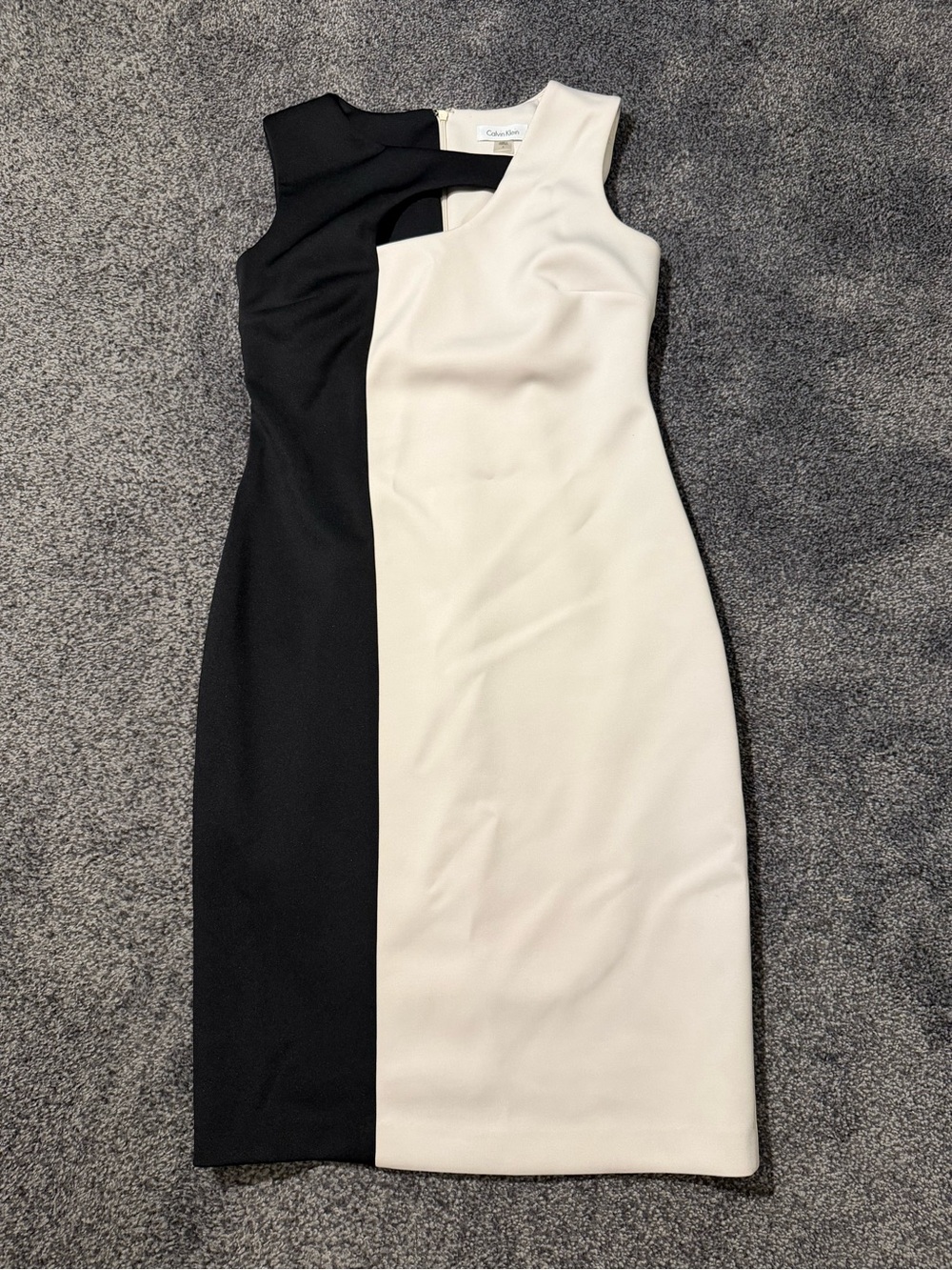 Calvin Klein One-Shoulder Black and White Colorblock Sheath Dress